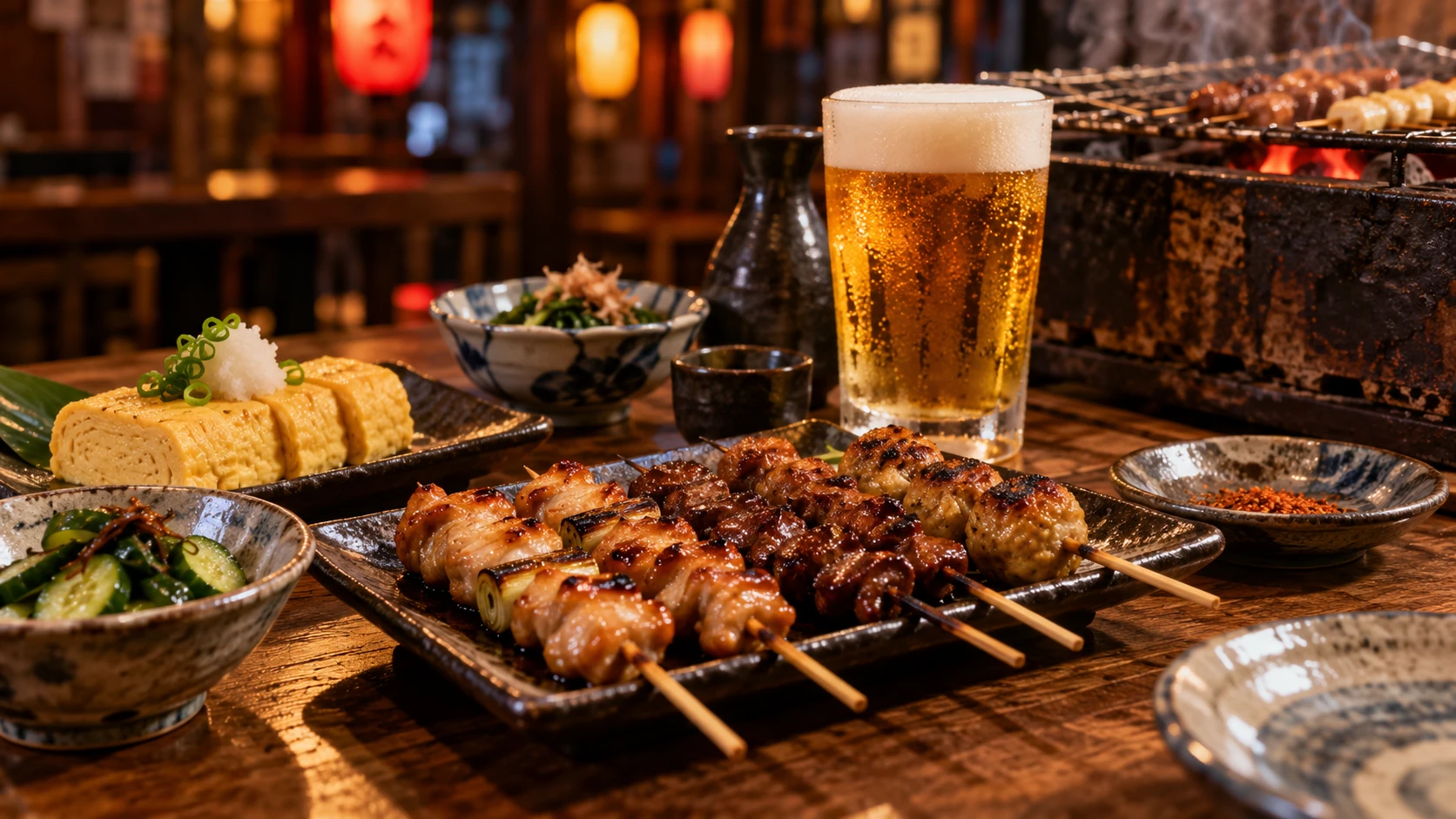 居酒屋串烧拼盘和啤酒