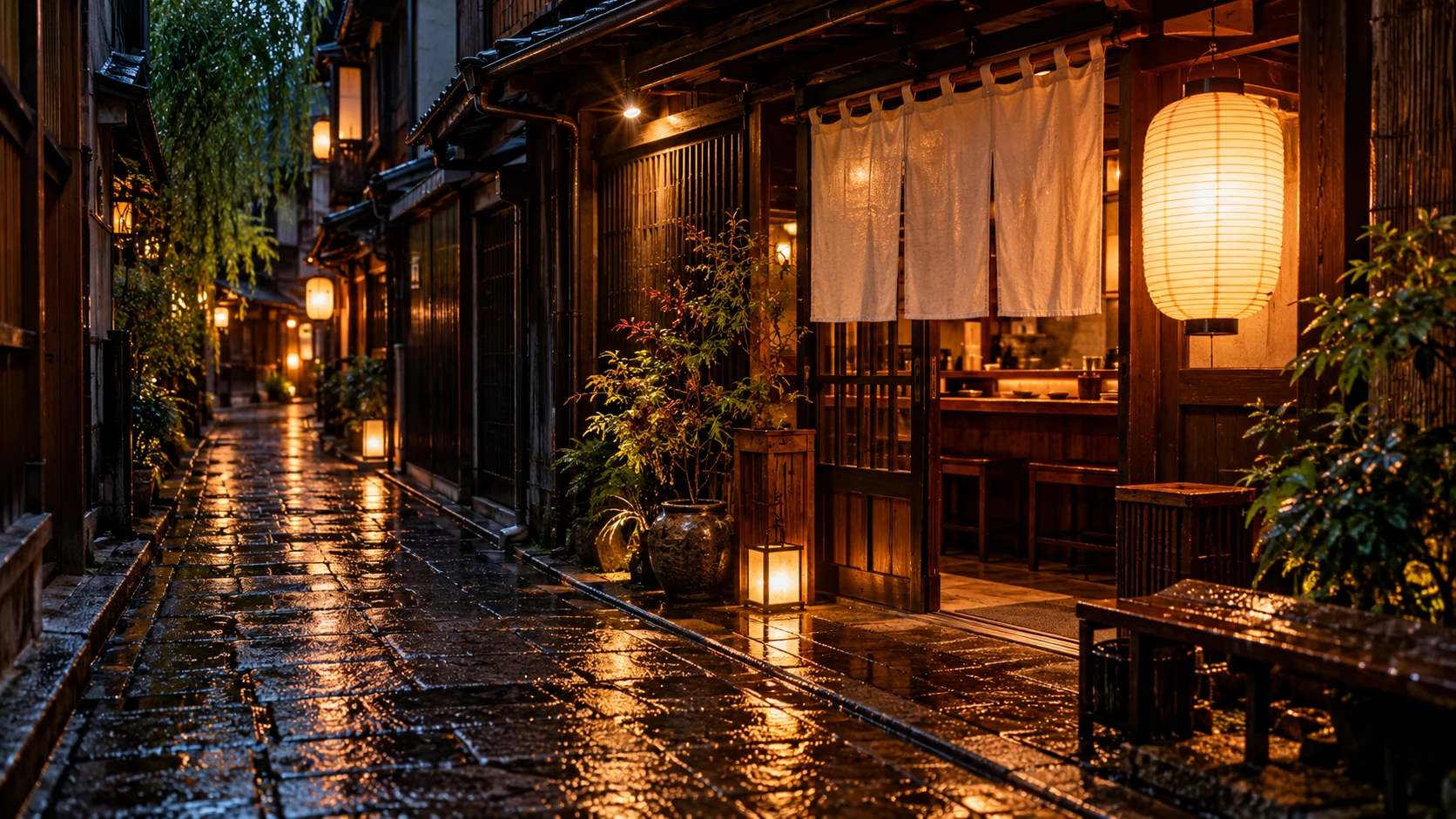 雨夜巷弄里的日式居酒屋外景